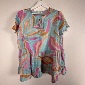 Terra & Sky Womens Tiered Short Sleeve Tunic Top Plus Size 1X 16W-18W Blue Pink